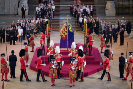 The first members of the public pay their respects as the vigil begins around the coffin of Queen Elizabeth II in Westminster Hall, London, where it will lie in state ahead of her funeral on Monday. Picture date: Wednesday September 14, 2022. Photo by Yui Mok/Pool via REUTERS