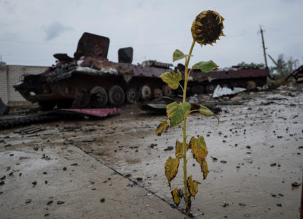 A destroyed Russian Armoured Personnel Carrier (APC) is seen, amid Russia's attack on Ukraine, near the village of Nova Husarivka, recently liberated by Ukrainian Armed Forces, in Kharkiv region, Ukraine September 15, 2022. Photo by Gleb Garanich/REUTERS