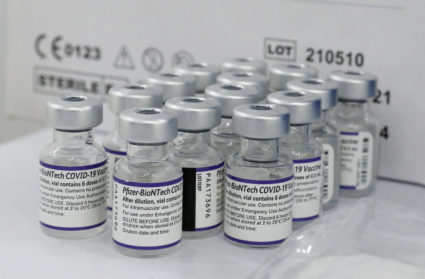 FILE PHOTO: Vials containing the Pfizer/BioNtech vaccine against COVID-19 are displayed at a mobile vaccine clinic, in Val...