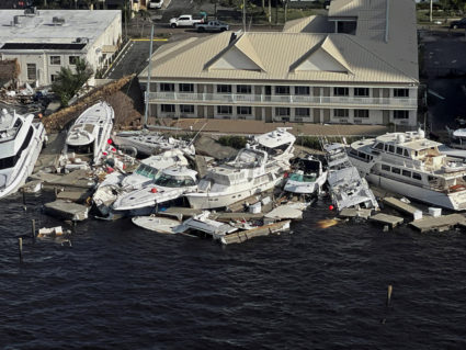 An aerial view of damaged boats after Hurricane Ian caused widespread destruction in Fort Myers