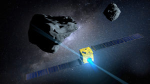 DART satellite on collision course against asteroid DIMORPHOS to divert its orbit. 3D Illustration