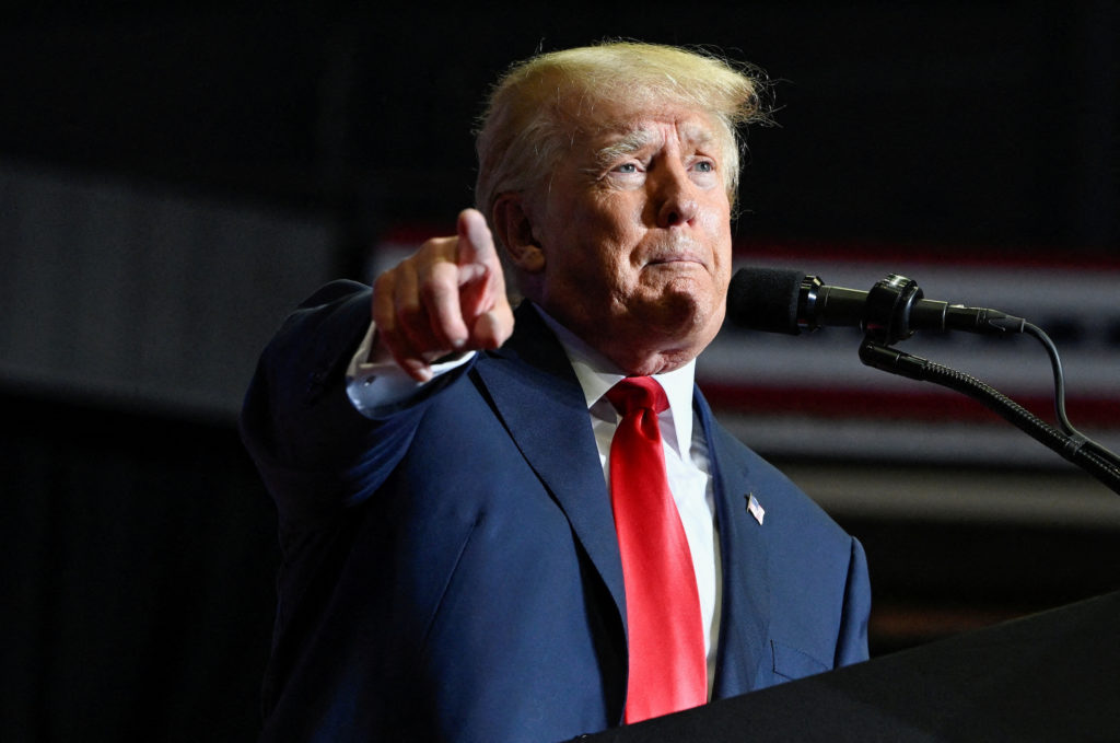 Former U.S. president Donald Trump speaks during a rally in Youngstown, Ohio, U.S., September 17, 2022. Photo by Gaelen Mo...