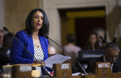 Council member Nury Martinez speaks prior to a City Council vote to increase minimum wage at City Hall in Los Angeles