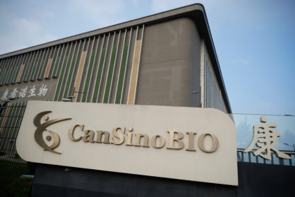 A logo of China's vaccine specialist CanSino Biologics Inc is pictured on the company's headquarters in Tianjin, following an outbreak of the coronavirus disease (COVID-19), China August 17, 2020. Photo by Thomas Peter/REUTERS