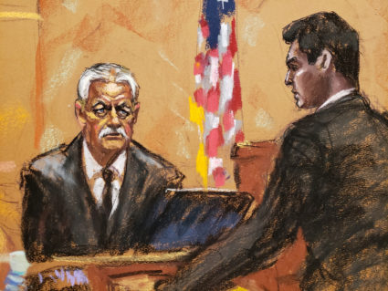 Former U.S. Secretary of State Rex Tillerson testifies during the trial of Thomas Barrack, a billionaire friend of Donald Trump who chaired the former president's inaugural fund, at the Brooklyn Federal Courthouse in New York, U.S., October 3, 2022 in this courtroom sketch. Photo by Jane Rosenberg/REUTERS