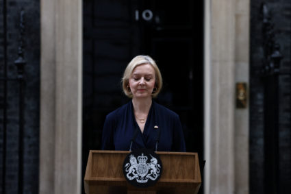 British Prime Minister Liz Truss announces her resignation, outside Number 10 Downing Street, London