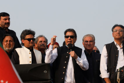Pakistan's former prime minister Imran Khan leads a freedom march, to pressure the government to announce new elections, i...