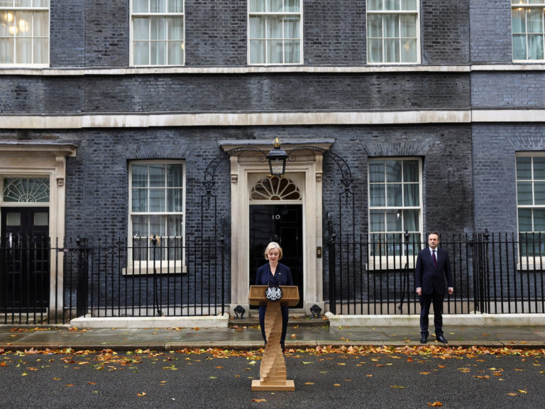 British Prime Minister Liz Truss announces her resignation, outside Number 10 Downing Street, London