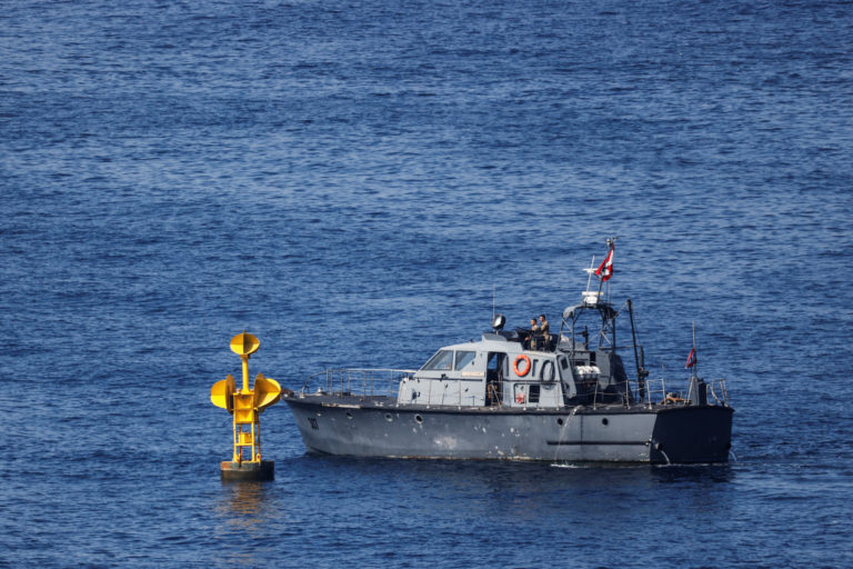 A Lebanese patrol boat sails on the Mediterranean Sea as seen from Rosh Hanikra, close to the Lebanese border with Israel