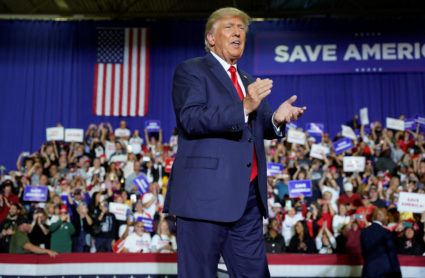 Former U.S. President Donald Trump holds a rally in Warren