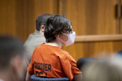 Ethan Crumbley attends a hearing at Oakland County circuit court on February 22, 2022 in Pontiac, Michigan. Crumbley, 15, is charged with the fatal shooting of four fellow students and the wounding of seven others, including a teacher at Oxford high school on Nov. 30. Photo by David Guralnick-Pool/Getty Images