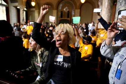 Protestors at the Los Angeles City Council meeting in the Council Chamber at Los Angeles City Hall on Tuesday, Oct. 11, 2022 in Los Angeles, CA. Protestors want the resignation of Los Angeles Councilmembers Nury Martinez, Kevin de León and Gil Cedillo. Martinez made racist remarks about Councilmember Mike Bonin son in the recording as her colleagues, Councilmembers Kevin de León and Gill Cedillo, laughed and made wisecracks. Photo by Gary Coronado / Los Angeles Times via Getty Images