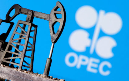 FILE PHOTO: A 3D-printed oil pump jack in front of the OPEC logo in this illustration picture