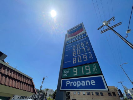 Gas prices over the $8.00 mark are advertised at a Chevron Station in Los Angeles