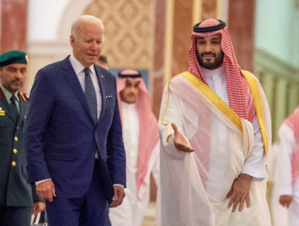 FILE PHOTO: Saudi Crown Prince Mohammed bin Salman receives U.S. President Joe Biden at Al Salman Palace upon his arrival ...