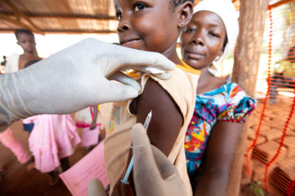 A child is given a measles vaccination during an emergency campaign run by Doctors Without Borders in Likasa, Mongala prov...