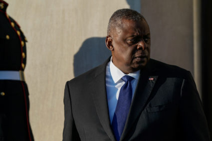 U.S. Defense Secretary Lloyd Austin waits for the arrival of South Korea's Defense Minister Jong-Sup Lee to the Pentagon in Washington, U.S., November 3, 2022. Photo by Elizabeth Frantz/REUTERS