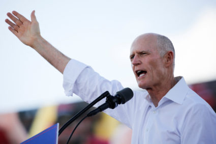 National Republican Senatorial Committee Chairman U.S. Senator Rick Scott (R-FL) speaks during a rally with former U.S. President Donald Trump ahead of the midterm elections, in Miami, Florida, U.S., November 6, 2022. Photo by Marco Bello/REUTERS