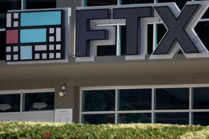The logo of FTX is seen at the FTX Arena in Miami