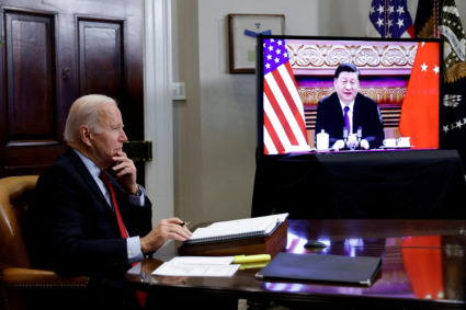 FILE PHOTO: U.S. President Joe Biden speaks virtually with Chinese leader Xi Jinping