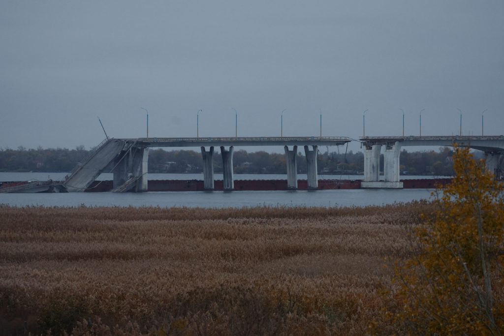 View shows the destroyed Antonivskyi bridge over the Dnipro river after Russia's retreat from Kherson, in Kherson
