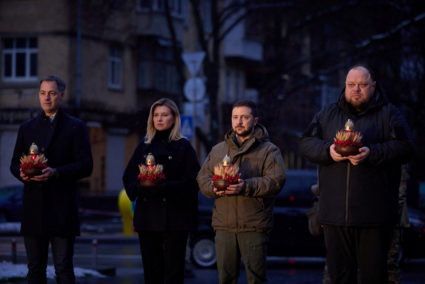 Belgium's PM De Croo, Ukraine's President Zelenskiy, his wife Olena and Parliament Speaker Stefanchuk visit a monument to ...