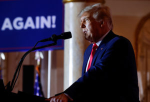 Former U.S. President Donald Trump announces he will run for president in 2024 at his Mar-a-Lago estate in Palm Beach