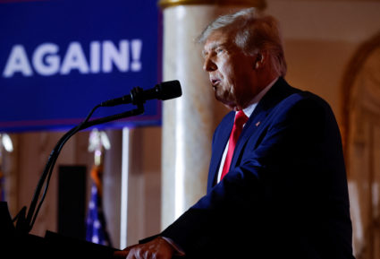 Former U.S. President Donald Trump announces he will run for president in 2024 at his Mar-a-Lago estate in Palm Beach