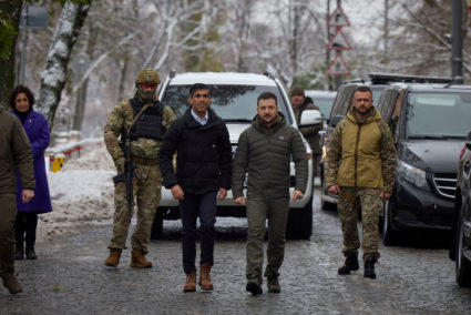 Ukraine's President Zelenskiy and Britain's new Prime Minister Sunak visit the Memory Wall of Fallen Defenders of Ukraine ...