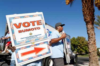 Clark County election department workers set up an early voting polling site in Las Vegas