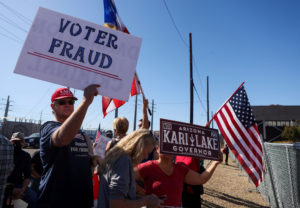 Protest outside the Maricopa County Tabulation and Election Center as vote counting continues inside, in Phoenix, Arizona