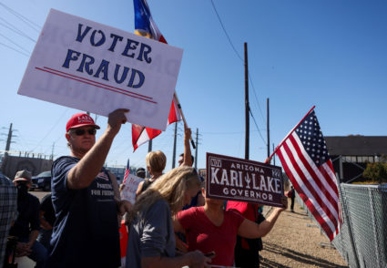 Protest outside the Maricopa County Tabulation and Election Center as vote counting continues inside, in Phoenix, Arizona