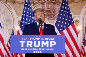 FILE PHOTO: Former U.S. President Donald Trump announces he will run for president in 2024 at his Mar-a-Lago estate in Pal...