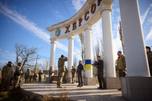 Ukraine's President Volodymyr Zelenskiy awards Ukrainian serviceman as he visits Kherson