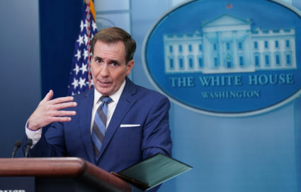 John Kirby speaks at a press briefing at the White House in Washington