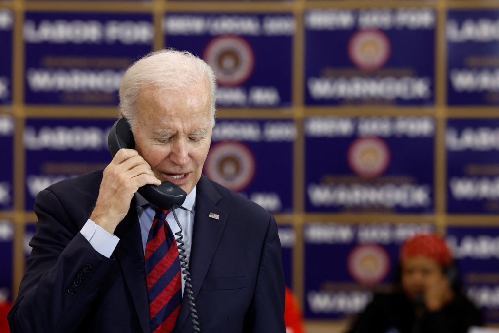 U.S. President Joe Biden takes part in an International Brotherhood of Electrical Workers (IBEW) phone bank for U.S. Senat...