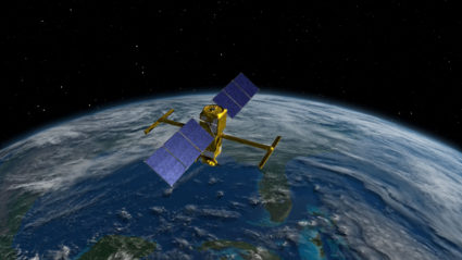 The advanced radar SWOT spacecraft is seen in an artist's rendition