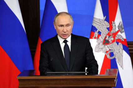 Russian President Vladimir Putin attends a meeting of Defence Ministry Board in Moscow