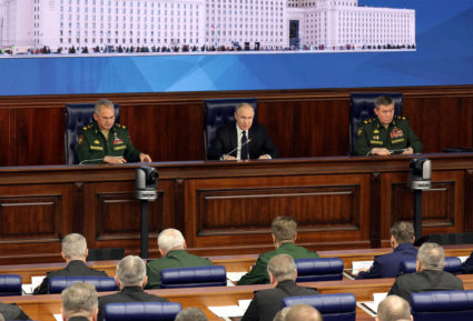 Russian President Vladimir Putin attends a meeting of Defence Ministry Board in Moscow