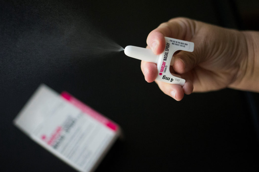 A nurse demonstrates the application of the NARCAN nasal spray medication at a outpatient treatment center in Indiana, Pennsylvania, U.S. August 9, 2017. Photo by Adrees Latif/Reuters