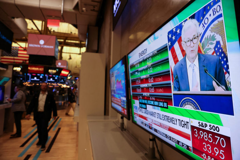 Federal Reserve Chair Jerome Powell interest rate announcement on the trading floor at New York Stock Exchange (NYSE) in N...
