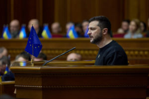 Ukraine's President Zelenskiy delivers his annual speech to lawmakers during a session of the Parliament in Kyiv