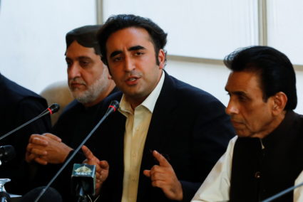 Bilawal Bhutto Zardari, chairman of the Pakistan People's Party, along with the leaders of the Pakistan Democratic Movemen...