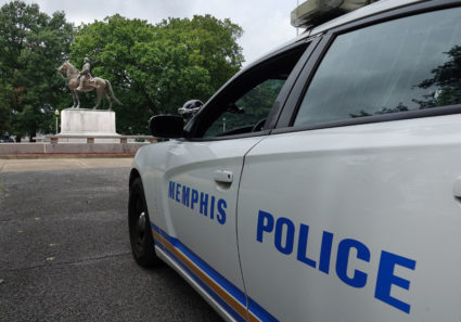 A police vehicle is pictured near the statue of Confederate general and early member of the Ku Klux Klan (KKK), Nathan Bedford Forrest, which stands over his grave in Health Sciences Park in Memphis, Tennessee, U.S. August 17, 2017. Picture taken August 17, 2017. Photo by Karen Pulfer Focht/REUTERS