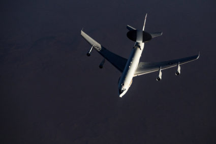 An E-3 Sentry, or AWACS, based out of Al Udeid Base in Doha, Qatar, approaches for aerial refuelling with a 28th Expeditionary Air Refuelling Squadron KC-135 Stratotanker at an undisclosed location, in this picture taken September 19, 2019 and released by U.S Air Force on September 23, 2019. Photo by Russ Scalf/U.S. Air Force/Handout via REUTERS