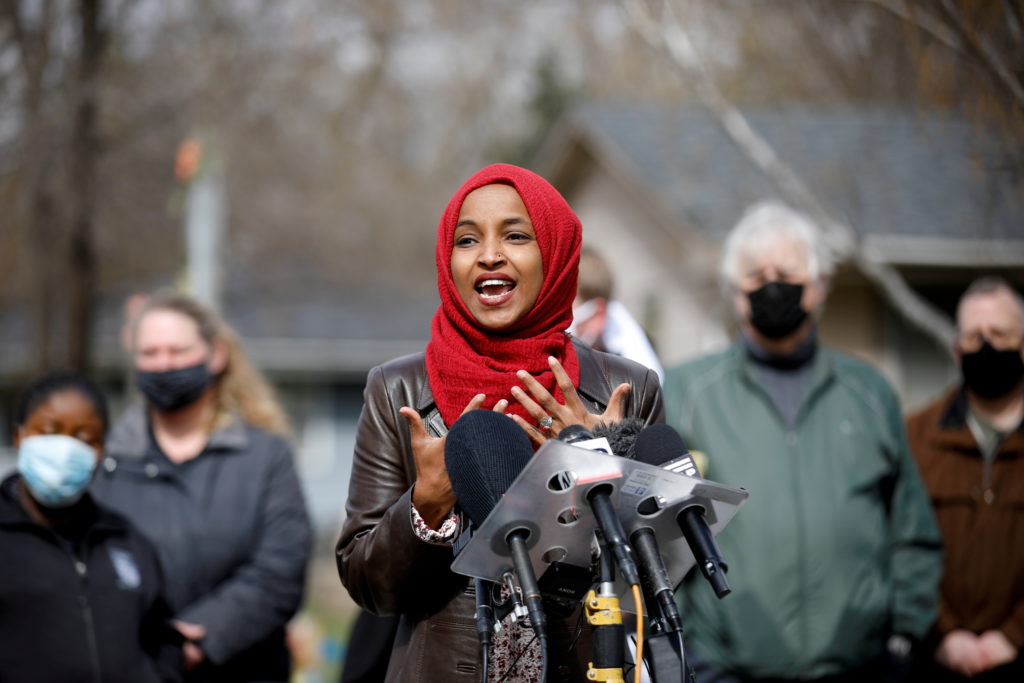 U.S. Rep. Ilhan Omar attends a press conference at Wright vigil