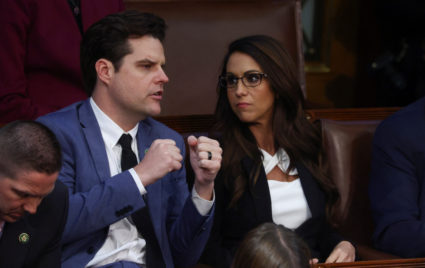 U.S. Rep. Matt Gaetz (R-FL) talks with Rep. Lauren Boebert (R-CO) on the floor of the House Chamber during another round of voting for a new Speaker of the House Representatives, on the second day of the 118th Congress at the U.S. Capitol in Washington, U.S., January 4, 2023. Photo by Evelyn Hockstein/REUTERS