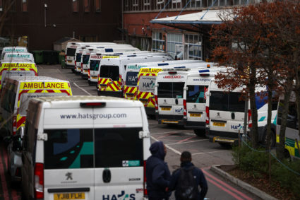 Ambulances parked outside St George’s University Hospital, which has declared a critical incident due to bed shortages, in London, Britain, January 5, 2023. Photo by Henry Nicholls/REUTERS