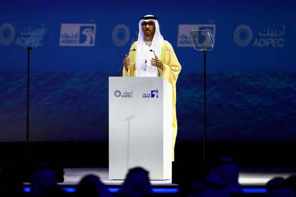 FILE PHOTO: United Arab Emirates' Industry Minister Sultan Ahmed Al Jaber speaks during the Abu Dhabi International Petrol...
