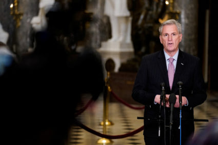 U.S. Speaker of the House Kevin McCarthy (R-CA) speaks to reporters at the U.S. Capitol in Washington, U.S., January 12, 2023. Photo by Elizabeth Frantz/REUTERS